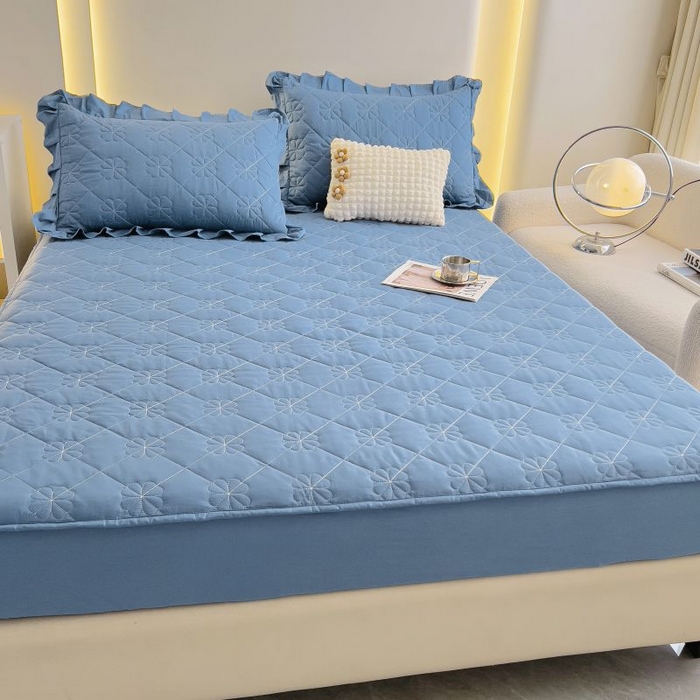 91家纺网 家纺一手货源 找家纺 情煊家纺 2024新款全棉亲肤夹棉纯色床笠 灰蓝