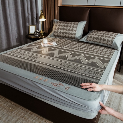 91家纺网 家纺一手货源 找家纺 全季家居 2024新款加厚加密宽边刺绣提花冰藤凉席 晚安-灰色（床笠款）