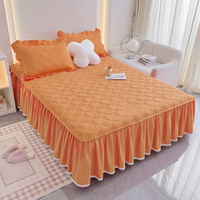 91家纺网 家纺一手货源 找家纺 情煊家纺 2024新款全棉亲肤夹棉纯色床裙 桔色