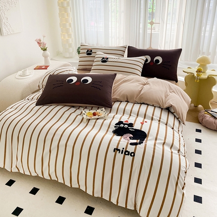 眷恋家纺 2024新款多巴胺水洗棉毛巾绣四件套 猫咪-焦糖咖