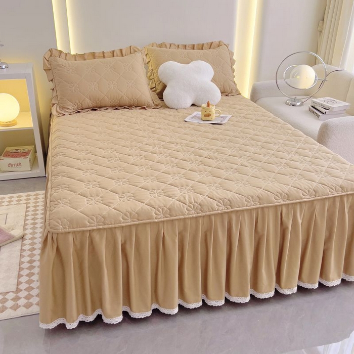 91家纺网 家纺一手货源 找家纺 情煊家纺 2024新款全棉亲肤夹棉纯色床裙 浅驼