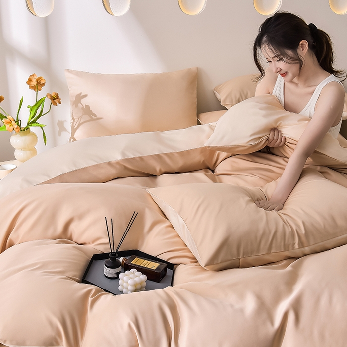 91家纺网 家纺一手货源 找家纺 简爱家纺 2025新款水洗真丝四件套 奶茶咖+暖杏色