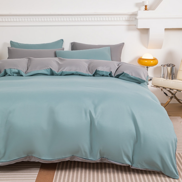 91家纺网 家纺一手货源 找家纺 莎臣豹 2025新款水洗棉磨毛纯色双拼简约风撞色四件套 豆绿爱上浅灰