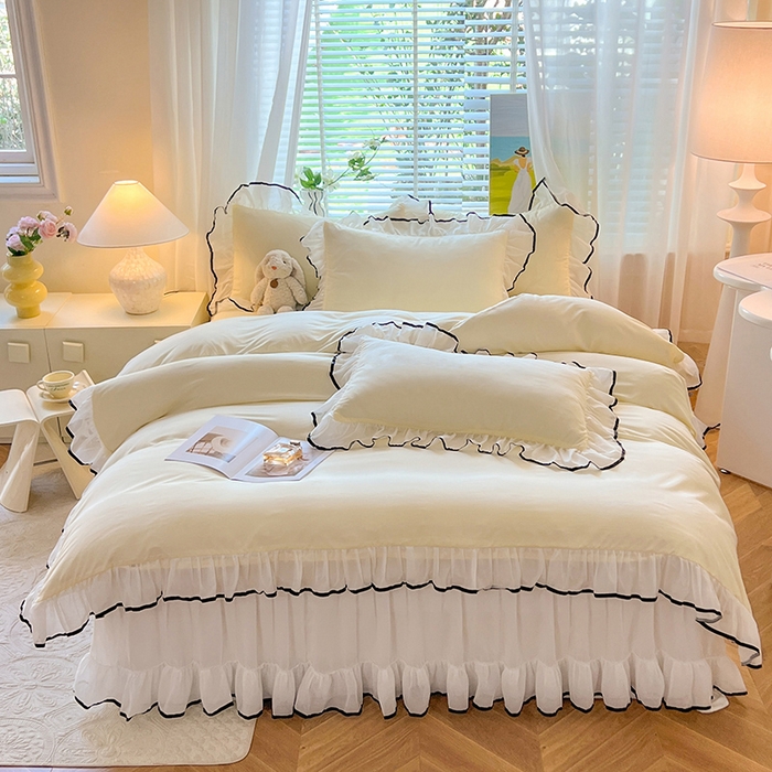 91家纺网 家纺一手货源 找家纺 唐人居 2025新款水洗棉麻亲肤蕾丝花边四件套 小确幸-奶白