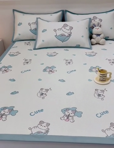 91家纺网 家纺一手货源 找家纺 全季家居 2024新款5A抗菌小清新数码印花冰藤席 贪吃小猫（床席款）