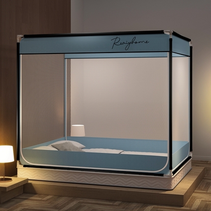 91家纺网 家纺一手货源 找家纺 飞轮海 2023新款床笠款中开门坐床蚊帐 Z62-白蓝（全底）