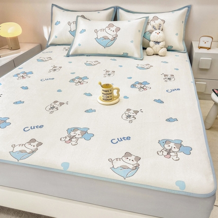 91家纺网 家纺一手货源 找家纺 全季家居 2024新款5A抗菌小清新数码印花冰藤席 贪吃小猫（床笠款）