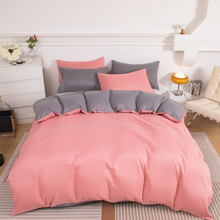 91家纺网 家纺一手货源 找家纺 莎臣豹 2025新款水洗棉磨毛纯色双拼简约风撞色四件套 甜豆沙爱上浅灰