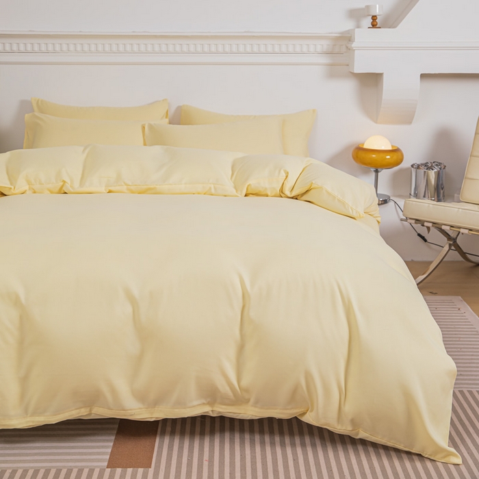 91家纺网 家纺一手货源 找家纺 莎臣豹 2025新款水洗棉磨毛纯色双拼简约风撞色四件套 嫩黄