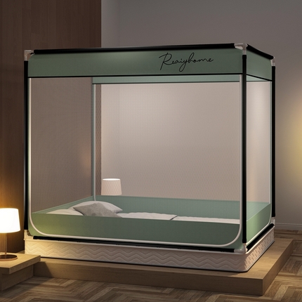 91家纺网 家纺一手货源 找家纺 飞轮海 2023新款床笠款中开门坐床蚊帐 Z62-白绿（全底）