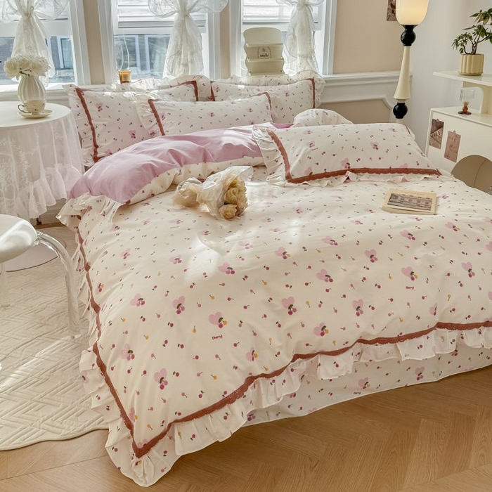 91家纺网 家纺一手货源 找家纺 眠屿家纺 2024新款全棉40支13372花边四件套 樱果爱心