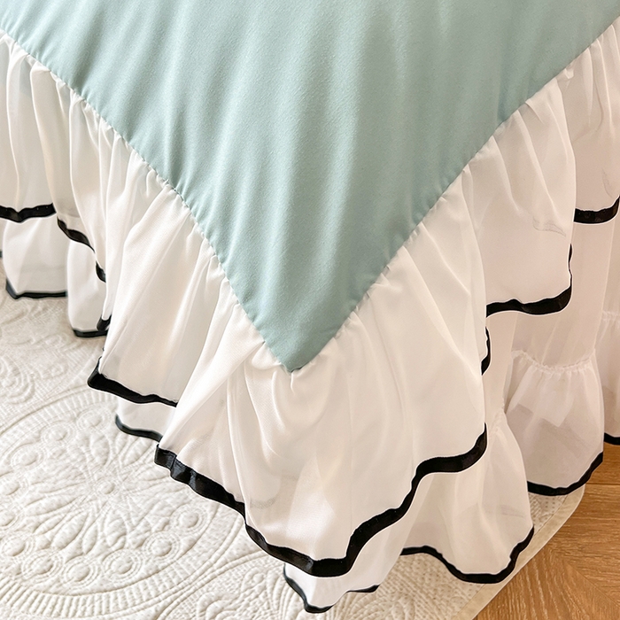 91家纺网 家纺一手货源 找家纺 唐人居 2025新款水洗棉麻亲肤蕾丝花边四件套 小确幸-水兰