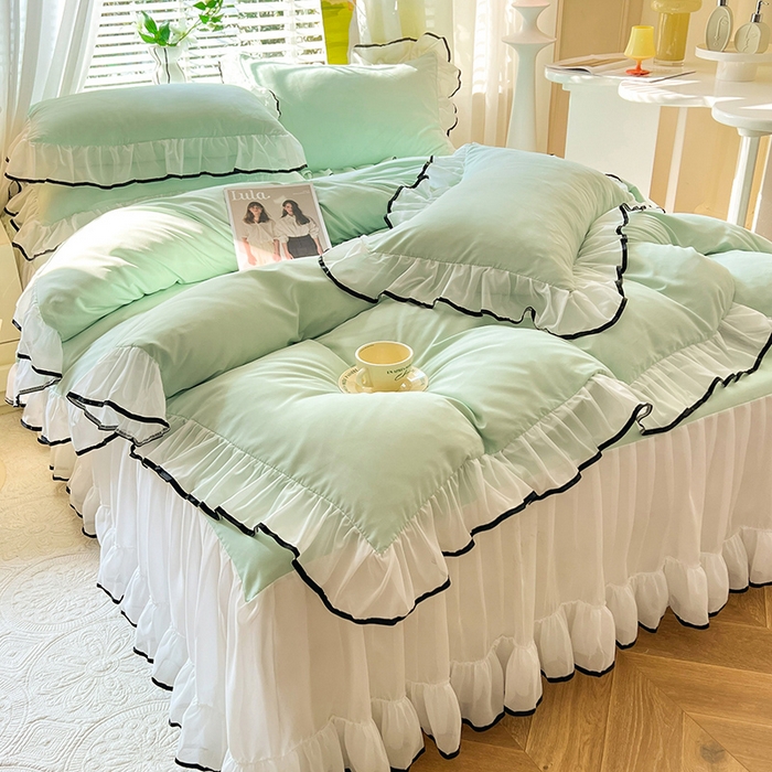 91家纺网 家纺一手货源 找家纺 唐人居 2025新款水洗棉麻亲肤蕾丝花边四件套 小确幸-水绿