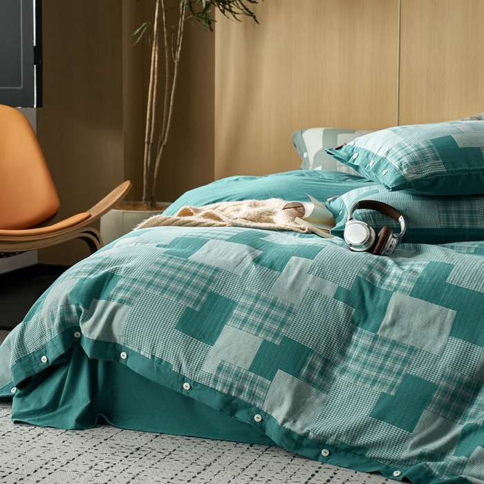 91家纺网 家纺一手货源 找家纺 安莱生活 2024年新品双层纱拼布田园纽扣款四件套 拼布田园纽扣款-乌兰