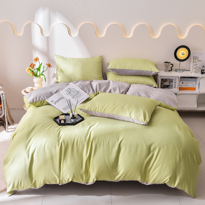 91家纺网 家纺一手货源 找家纺 简爱家纺 2025新款水洗真丝四件套 仙草绿+雅致灰