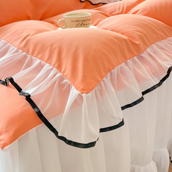 91家纺网 家纺一手货源 找家纺 唐人居 2025新款水洗棉麻亲肤蕾丝花边四件套 小确幸-橘橙