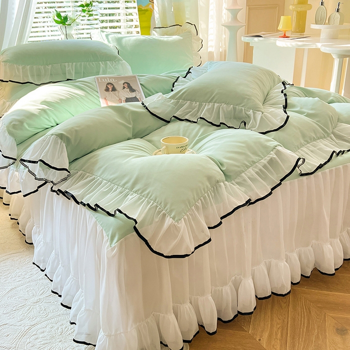 91家纺网 家纺一手货源 找家纺 唐人居 2025新款水洗棉麻亲肤蕾丝花边四件套 小确幸-水绿