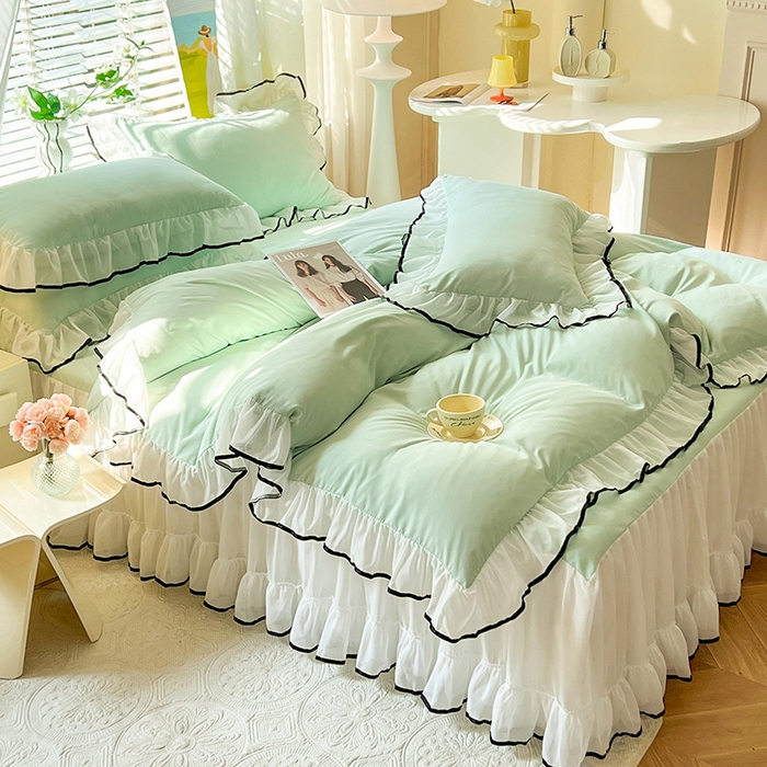 91家纺网 家纺一手货源 找家纺 唐人居 2025新款水洗棉麻亲肤蕾丝花边四件套 小确幸-水绿