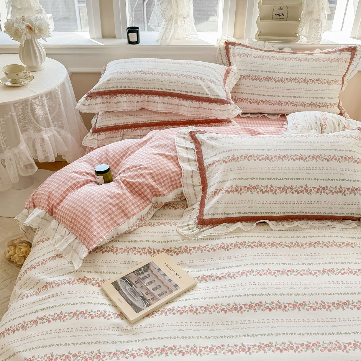 91家纺网 家纺一手货源 找家纺 眠屿家纺 2024新款全棉40支13372花边四件套 枝间梦