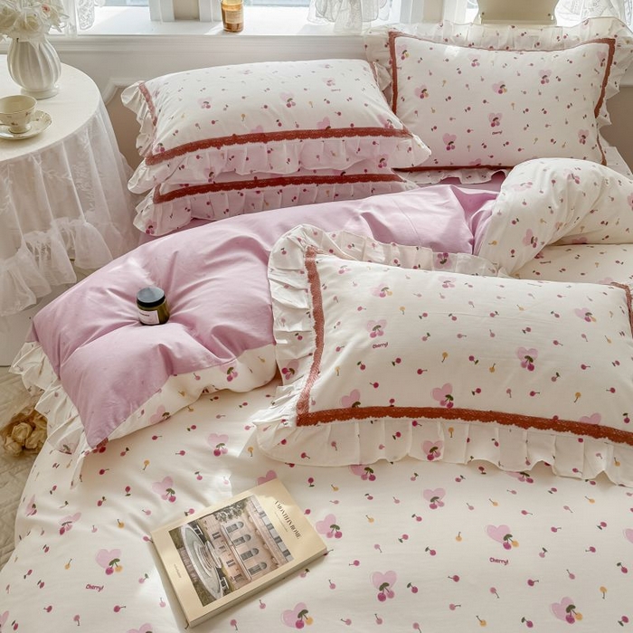 91家纺网 家纺一手货源 找家纺 眠屿家纺 2024新款全棉40支13372花边四件套 樱果爱心