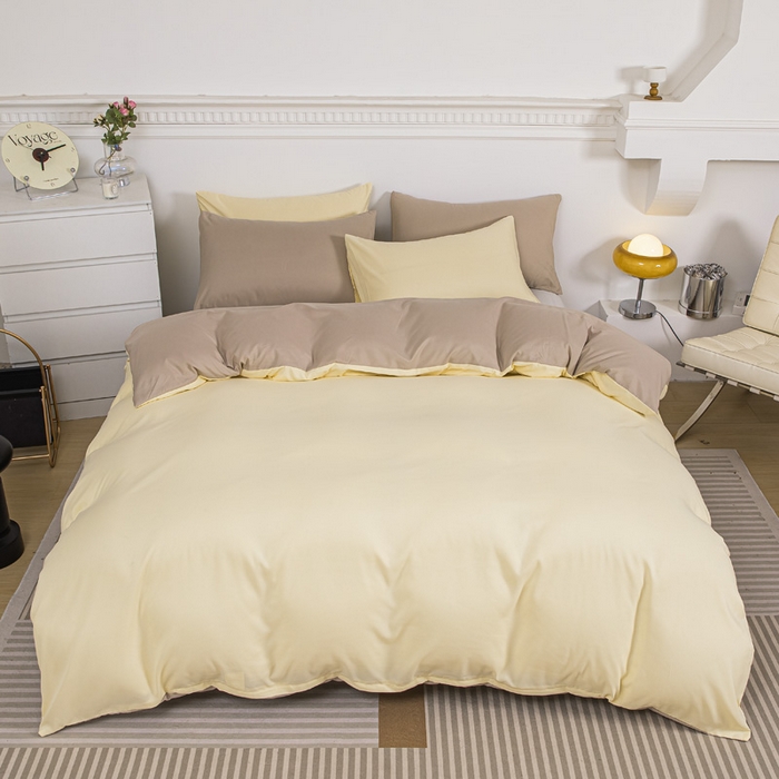 91家纺网 家纺一手货源 找家纺 莎臣豹 2025新款水洗棉磨毛纯色双拼简约风撞色四件套 嫩黄爱上卡其