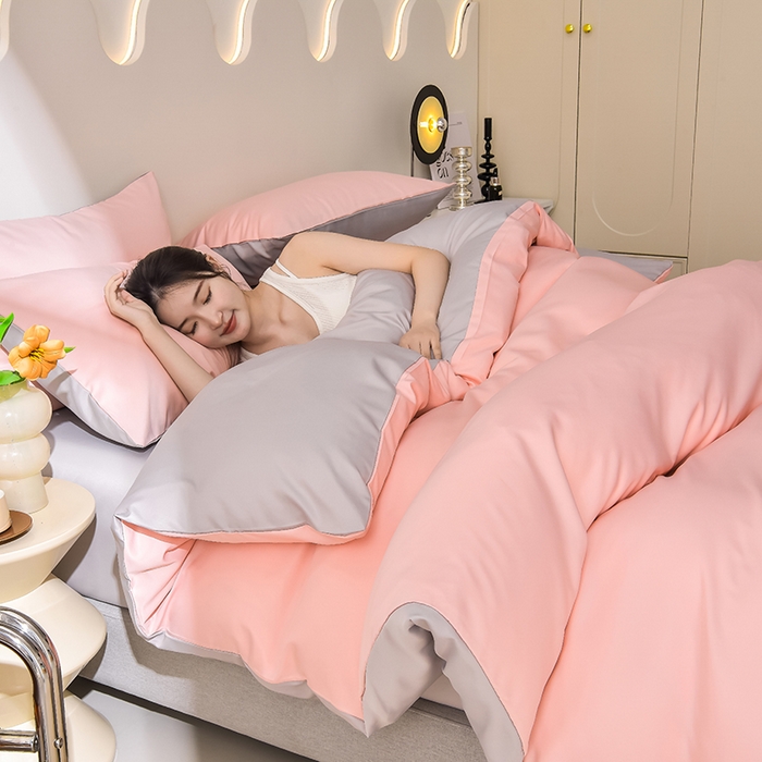 91家纺网 家纺一手货源 找家纺 简爱家纺 2025新款水洗真丝四件套 戴妃粉+雅致灰