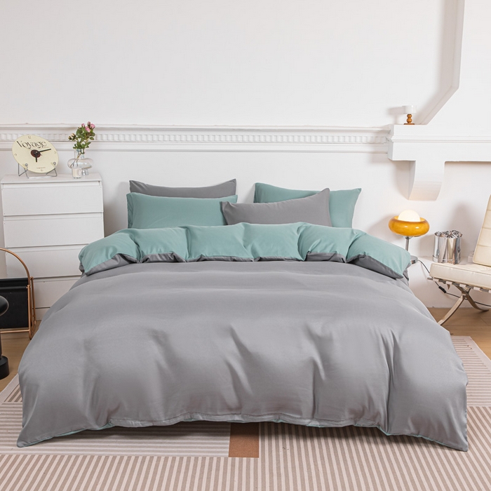 91家纺网 家纺一手货源 找家纺 莎臣豹 2025新款水洗棉磨毛纯色双拼简约风撞色四件套 浅灰爱上豆绿