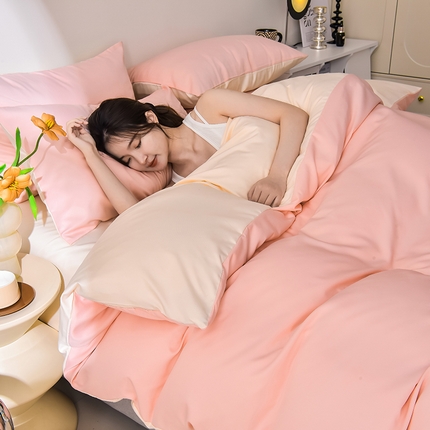 简爱家纺 2025新款水洗真丝四件套 戴妃粉+暖杏色
