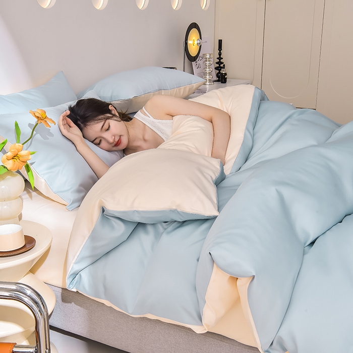 91家纺网 家纺一手货源 找家纺 简爱家纺 2025新款水洗真丝四件套 风铃蓝+暖杏色