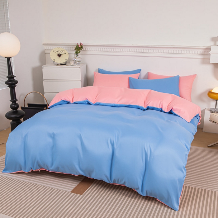 91家纺网 家纺一手货源 找家纺 莎臣豹 2025新款水洗棉磨毛纯色双拼简约风撞色四件套 天空蓝爱上公主粉