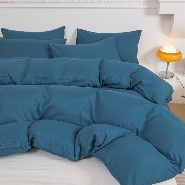 91家纺网 家纺一手货源 找家纺 莎臣豹 2025新款水洗棉磨毛纯色双拼简约风撞色四件套 宝蓝