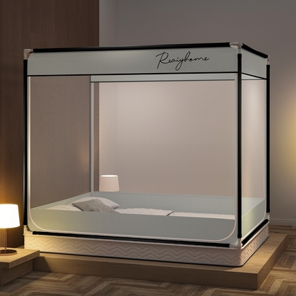 91家纺网 家纺一手货源 找家纺 飞轮海 2023新款床笠款中开门坐床蚊帐 Z62-白灰（全底）