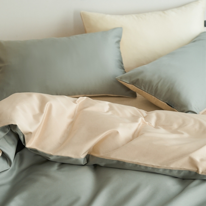 91家纺网 家纺一手货源 找家纺 安莱生活 2024新款100s长绒棉贡缎双拼四件套 水绿-棕灰