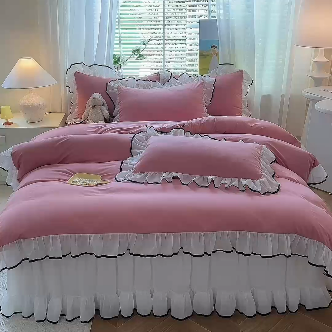 91家纺网 家纺一手货源 找家纺 唐人居 2025新款水洗棉麻亲肤蕾丝花边四件套 小确幸-豆沙