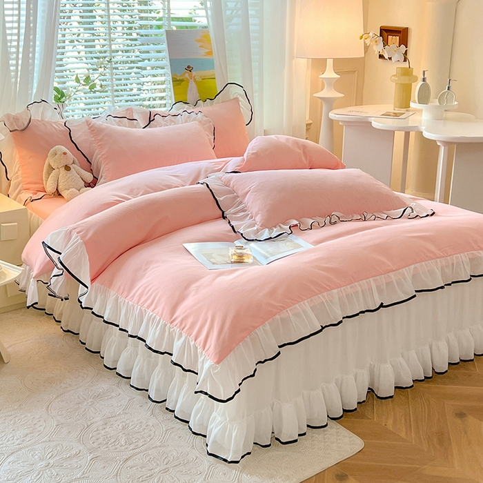 91家纺网 家纺一手货源 找家纺 唐人居 2025新款水洗棉麻亲肤蕾丝花边四件套 小确幸-浅粉