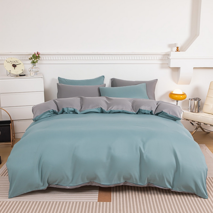 91家纺网 家纺一手货源 找家纺 莎臣豹 2025新款水洗棉磨毛纯色双拼简约风撞色四件套 豆绿爱上浅灰