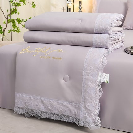 91家纺网 家纺一手货源 找家纺 益多眠 2024爆款水洗真丝夏被四件套冰丝夏被轻奢夏被空调被羽毛夏被四件套绣花夏被 花边---浅灰