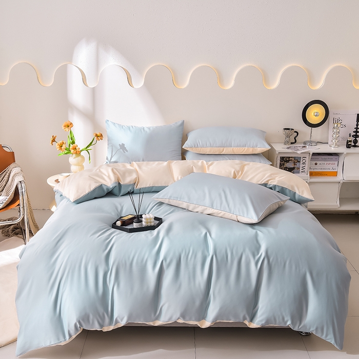 91家纺网 家纺一手货源 找家纺 简爱家纺 2025新款水洗真丝四件套 风铃蓝+暖杏色