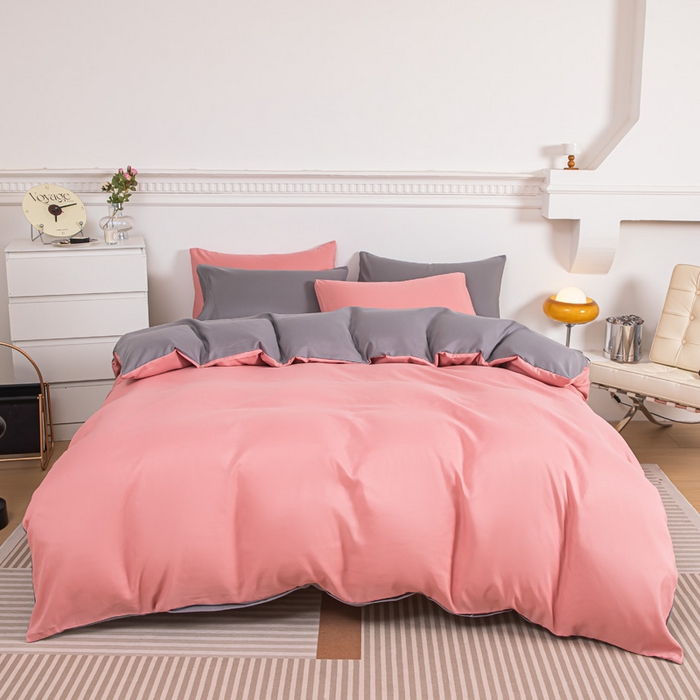 91家纺网 家纺一手货源 找家纺 莎臣豹 2025新款水洗棉磨毛纯色双拼简约风撞色四件套 甜豆沙爱上浅灰