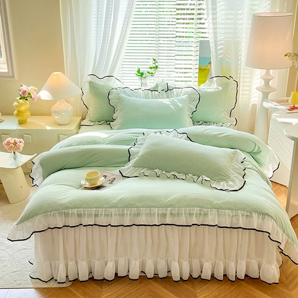 91家纺网 家纺一手货源 找家纺 唐人居 2025新款水洗棉麻亲肤蕾丝花边四件套 小确幸-水绿