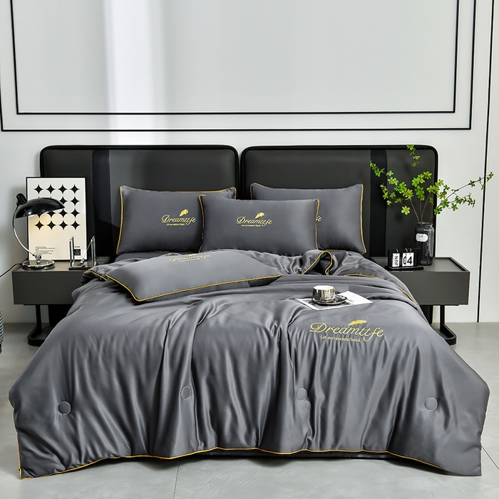 91家纺网 家纺一手货源 找家纺 益多眠 2024爆款水洗真丝夏被四件套冰丝夏被轻奢夏被空调被羽毛夏被四件套绣花夏被 羽毛---高级灰