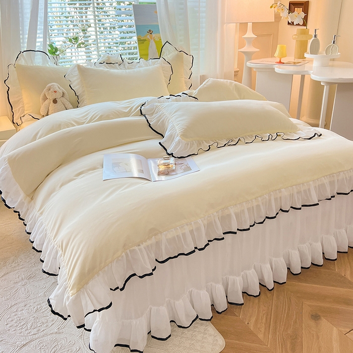 91家纺网 家纺一手货源 找家纺 唐人居 2025新款水洗棉麻亲肤蕾丝花边四件套 小确幸-奶白