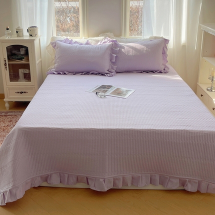 十里居 2024新款水洗棉纯色韩版花边夹棉床盖三件套 浅紫