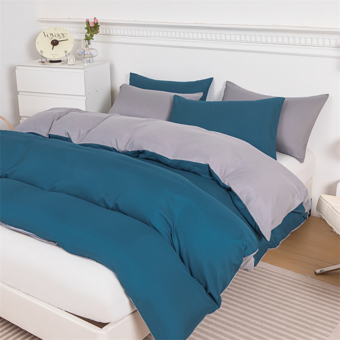 91家纺网 家纺一手货源 找家纺 莎臣豹 2025新款水洗棉磨毛纯色双拼简约风撞色四件套 宝蓝爱上浅灰