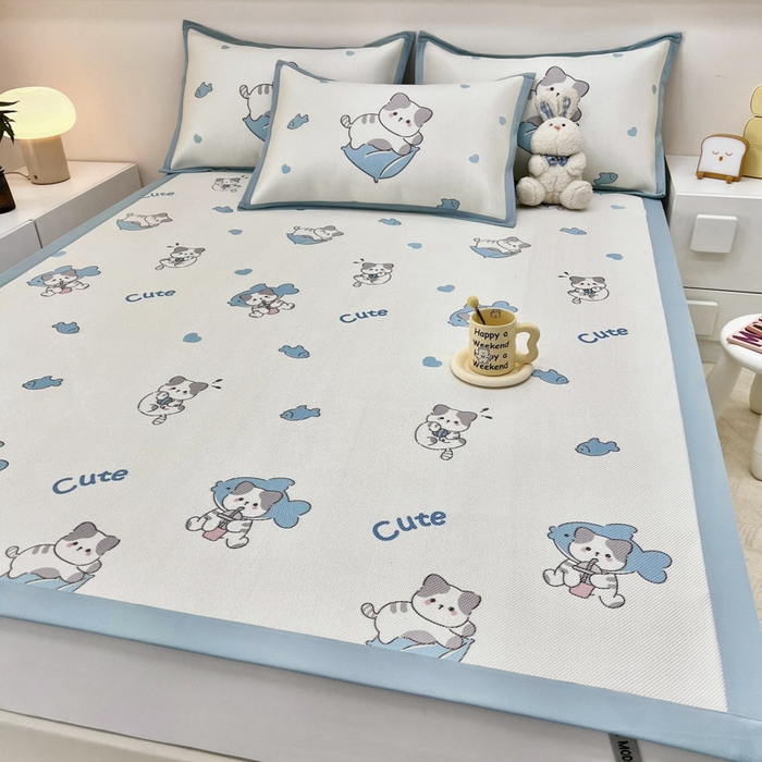 91家纺网 家纺一手货源 找家纺 全季家居 2024新款5A抗菌小清新数码印花冰藤席 贪吃小猫（床席款）