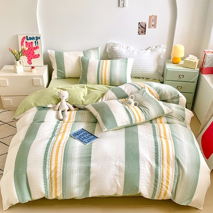 莱茵家居 2024新款大提花华夫格水洗棉印花四件套 水洗提花-森林绿