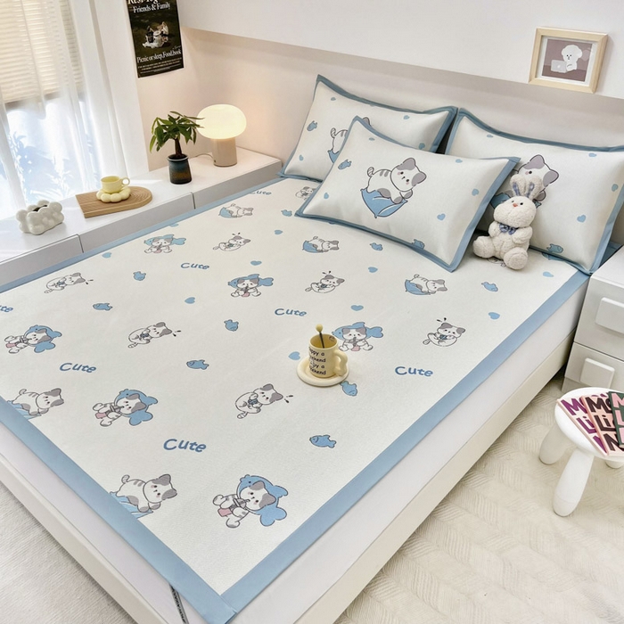 91家纺网 家纺一手货源 找家纺 全季家居 2024新款5A抗菌小清新数码印花冰藤席 贪吃小猫（床席款）