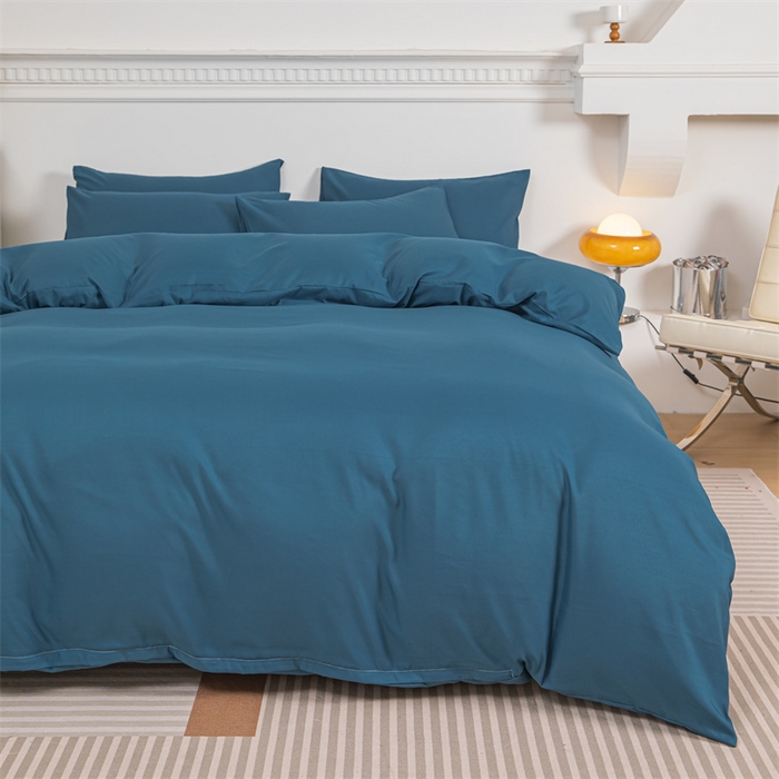 91家纺网 家纺一手货源 找家纺 莎臣豹 2025新款水洗棉磨毛纯色双拼简约风撞色四件套 宝蓝