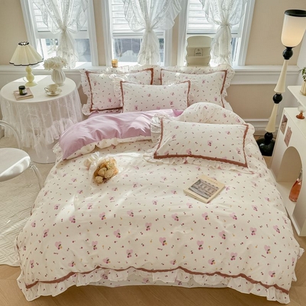 91家纺网 家纺一手货源 找家纺 眠屿家纺 2024新款全棉40支13372花边四件套 樱果爱心