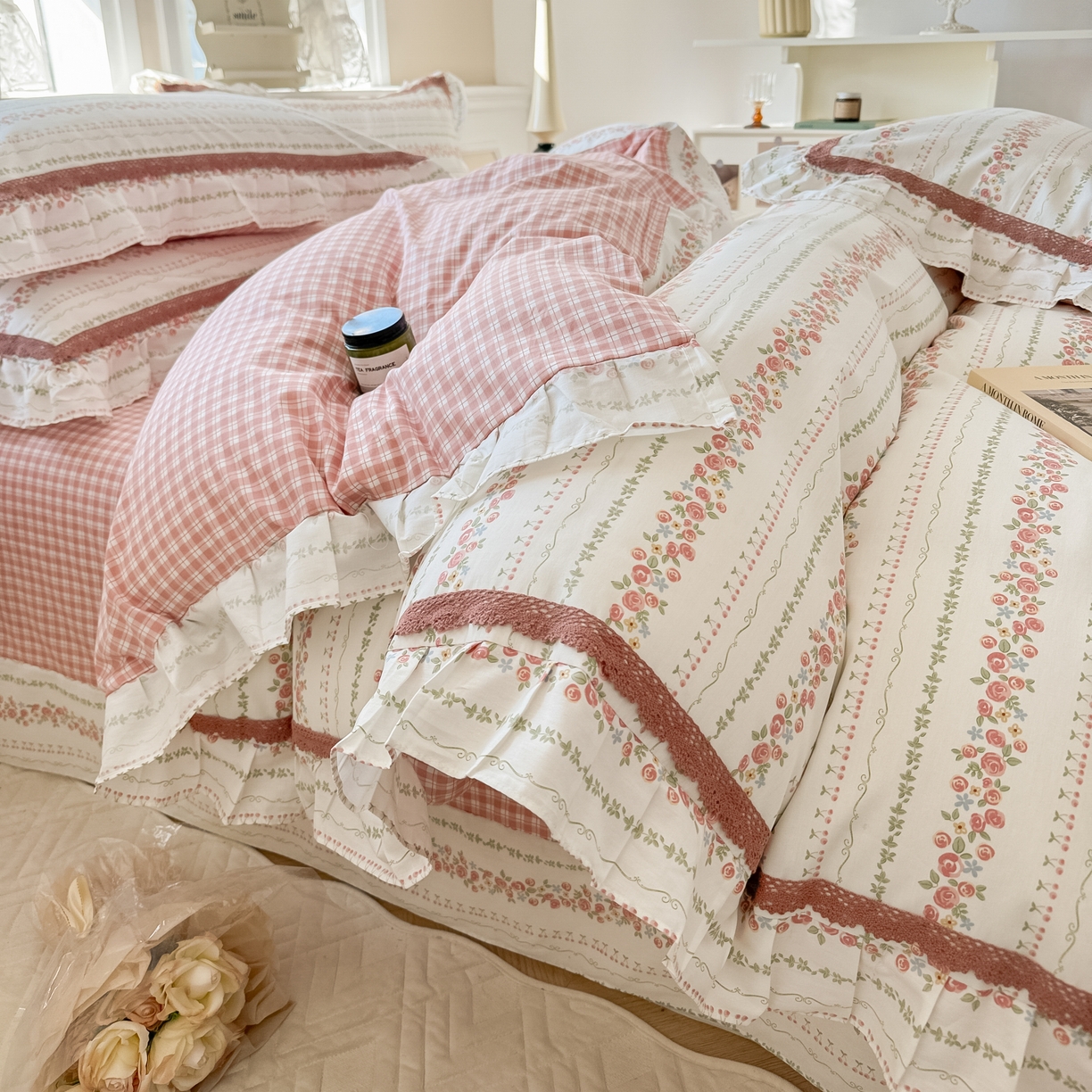 91家纺网 家纺一手货源 找家纺 眠屿家纺 2024新款全棉40支13372花边四件套 枝间梦